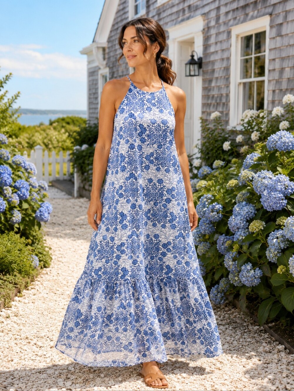 Vineyard Vines Hydrangea Floral Halter Maxi Dress Blue White Size 10